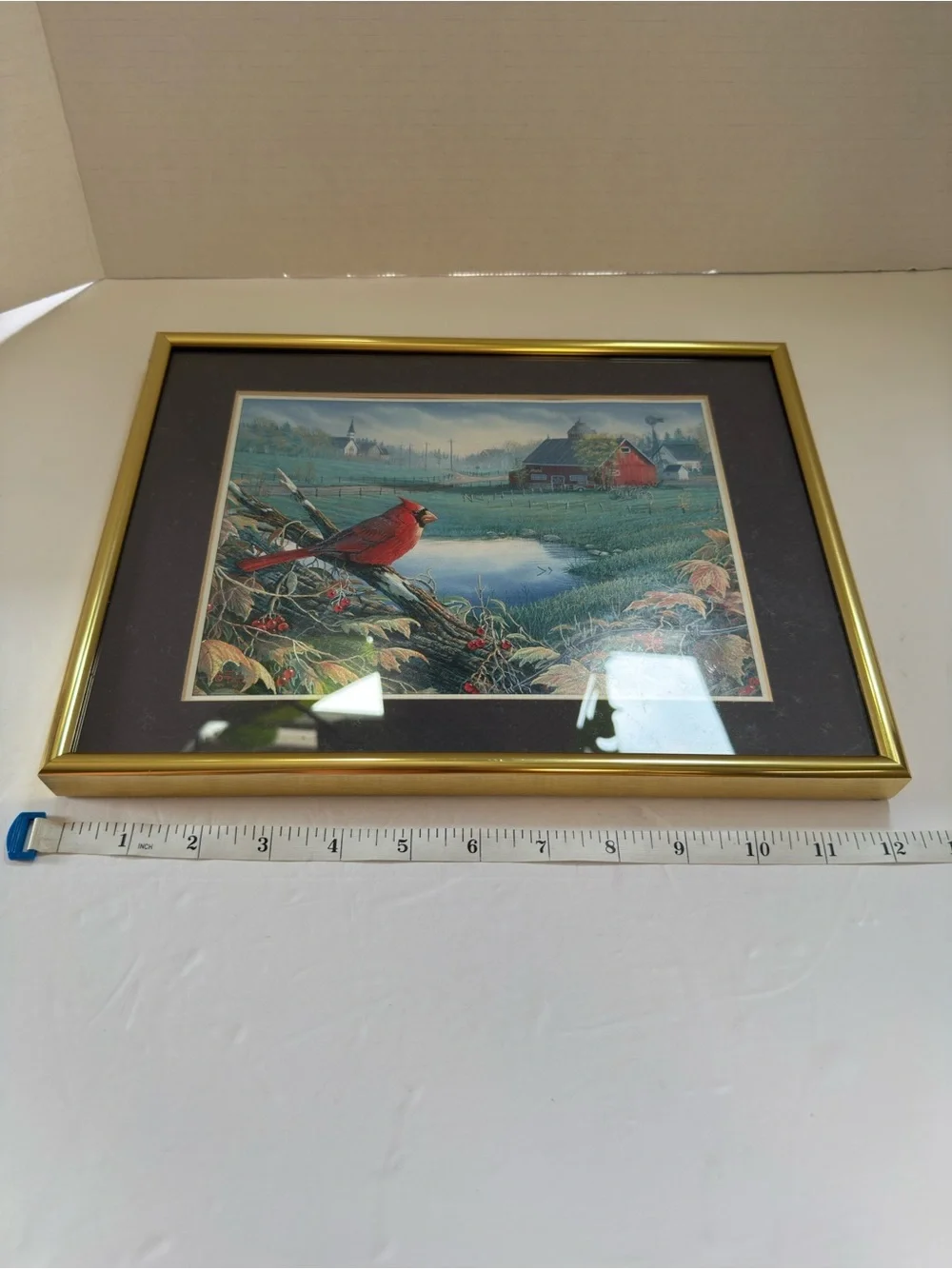 Framed Cardinal Farm Scene Wall Art - Red Accent